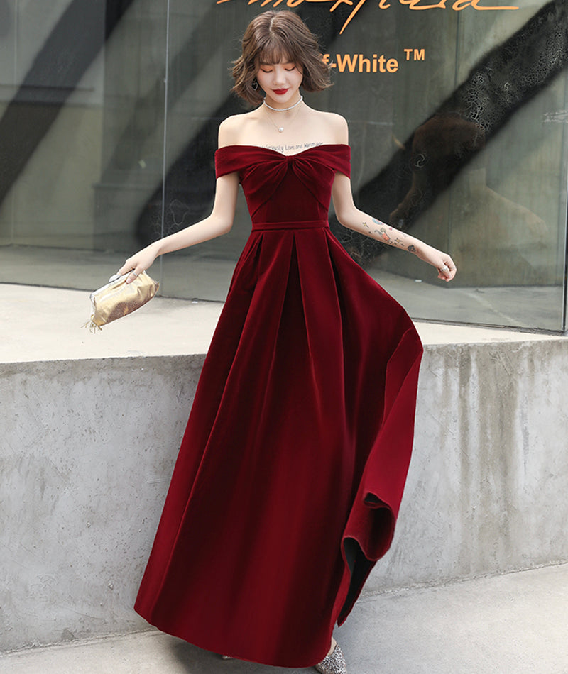 Burgundy velvet long prom dress evening dress  8406