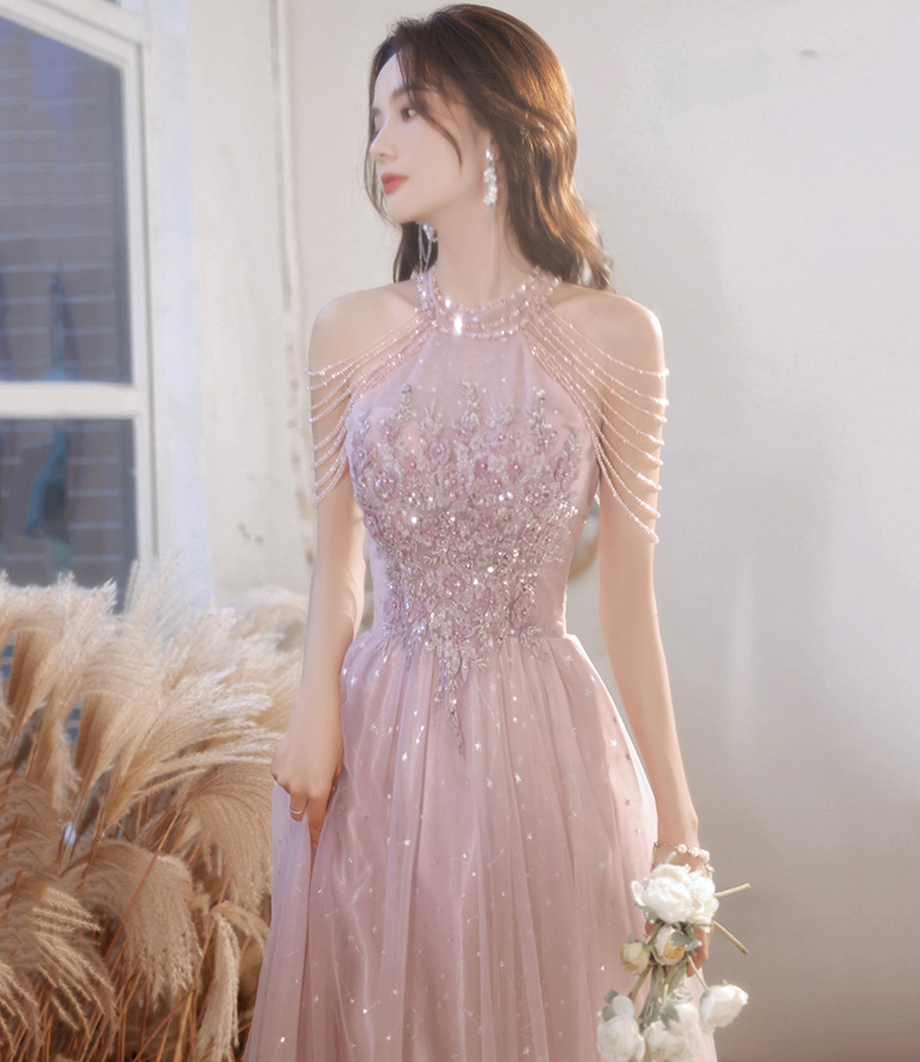 Pink tulle beads long prom dress A line evening gown  10299