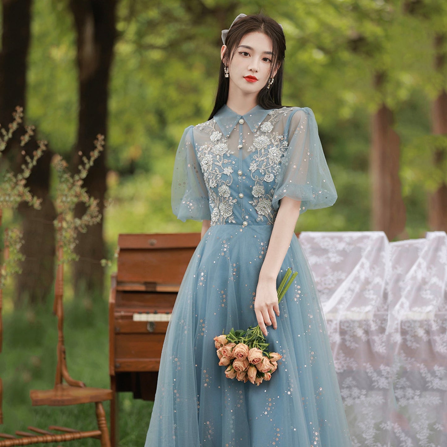 Blue tulle lace long prom dress evening dress  8999