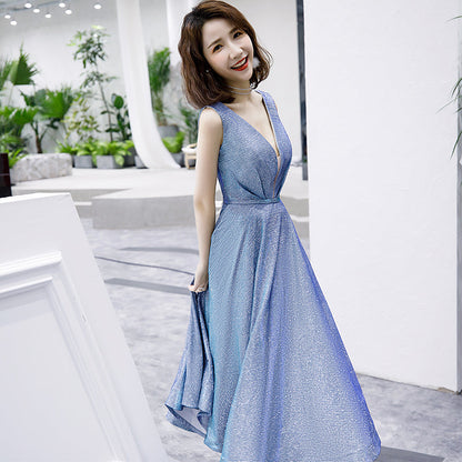 Shiny v neck short prom dress blue evening dress  8361
