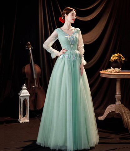 Green tulle lace long prom dress green evening dress  10535