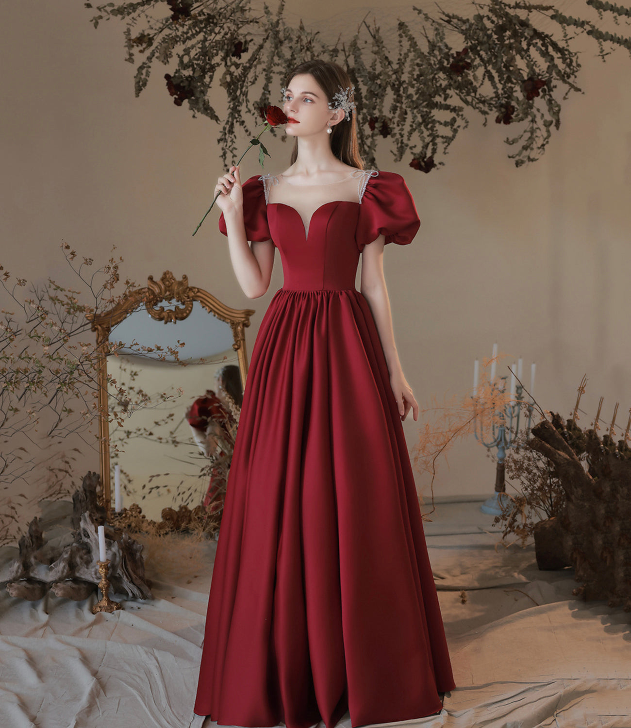 Burgundy satin long prom dress A line evening dress  10373