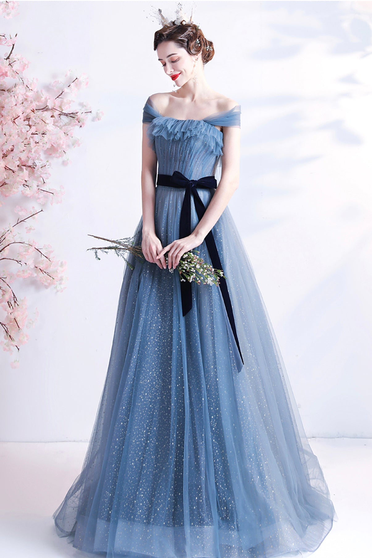 Blue tulle long A line prom dress blue evening dress  8777