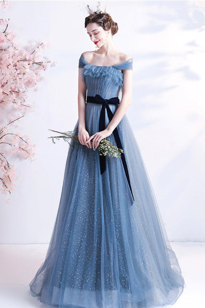 Blue tulle long A line prom dress blue evening dress  8777