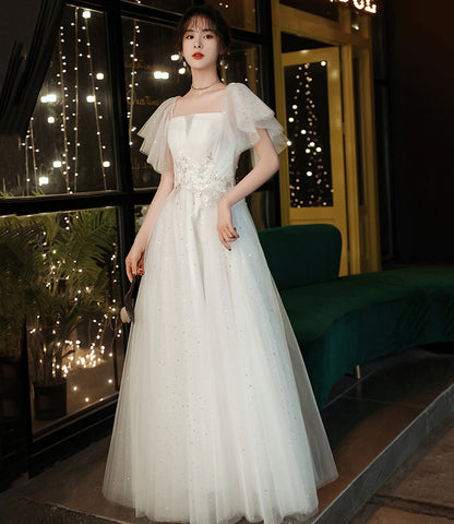 White tulle long A line prom dress white evening dress  8762