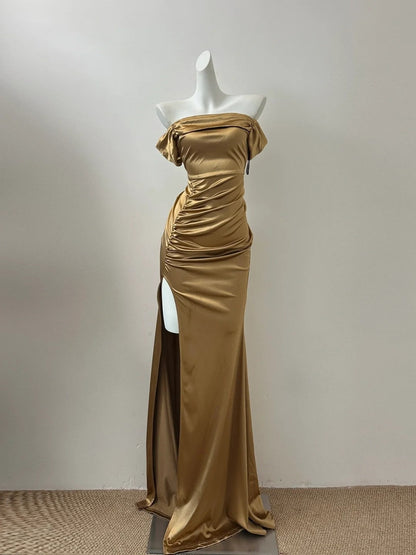Gold Metallic/Light Champagne/White Fashion Long Satin Prom Dress Evening Dress Party Dress gh4840