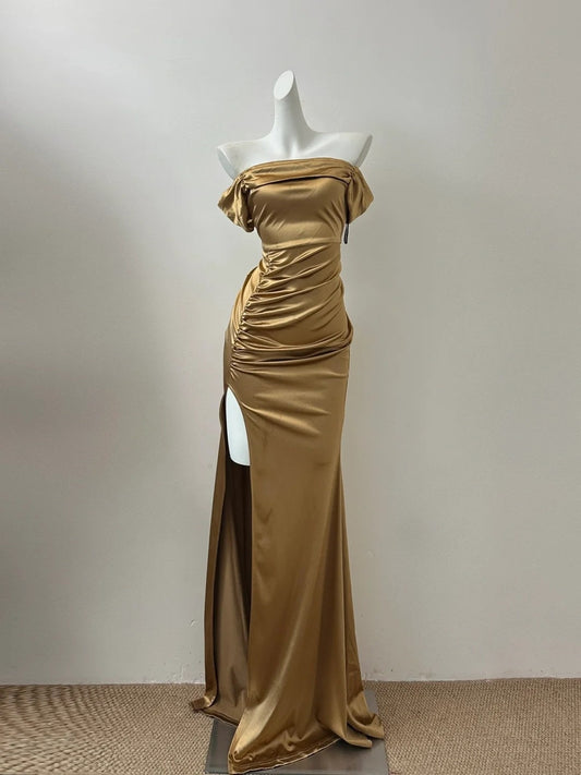 Gold Metallic/Light Champagne/White Fashion Long Satin Prom Dress Evening Dress Party Dress gh4840