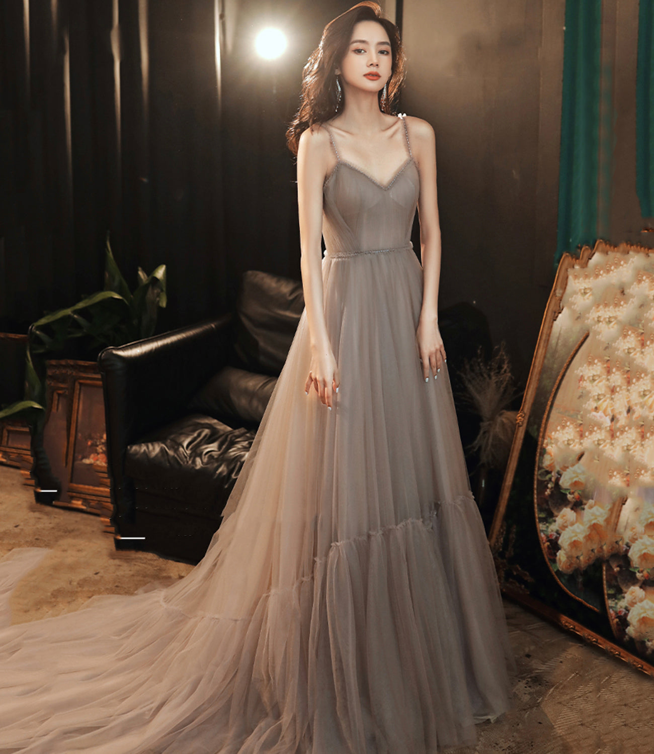 Stylish v neck tulle long A line prom dress evening dress  8719