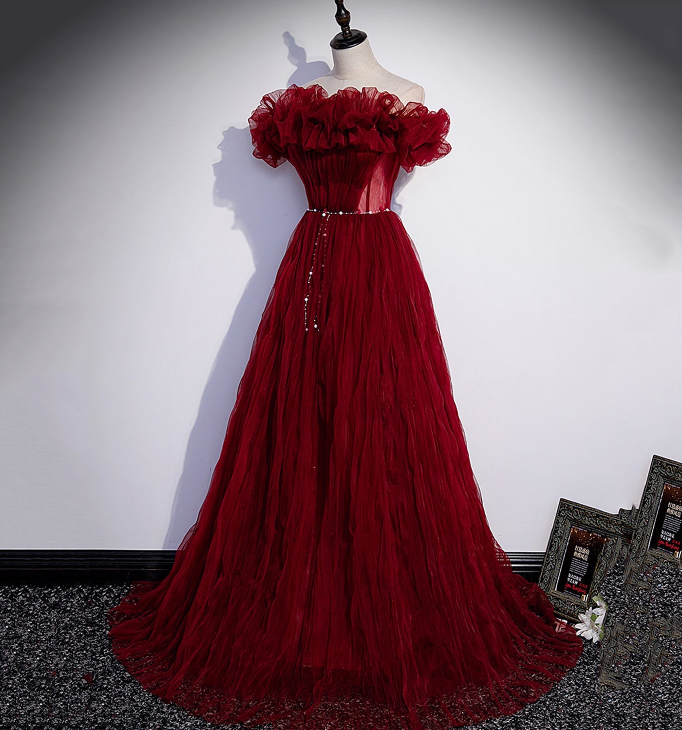 Burgundy tulle long prom dress A line evening gown  10006