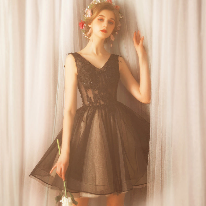 Black v neck tulle lace long prom dress, lace evening dress  7849