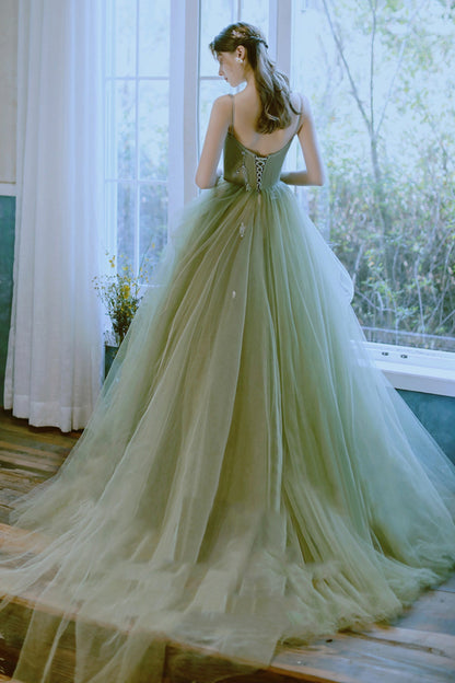 Green tulle long prom dress green evening dress  8599