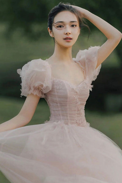 Pink tulle long A line prom dress evening dress  8735