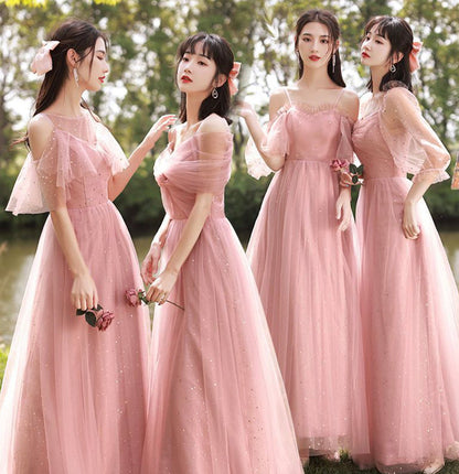 Pink tulle long A line prom dress pink evening dress  10040