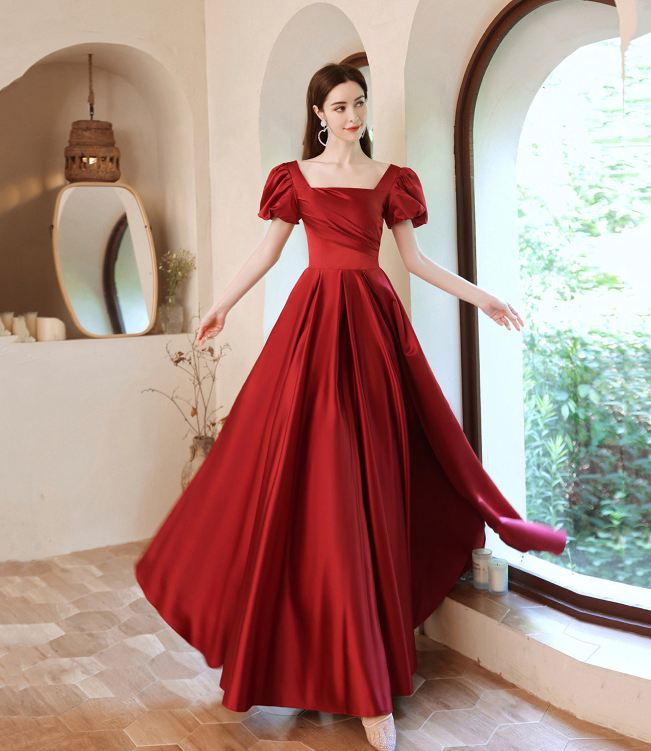 Burgundy satin long A line prom dress evening dress  8829