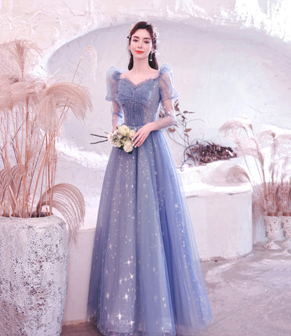 Blue tulle long A line prom dress blue evening dress  10530