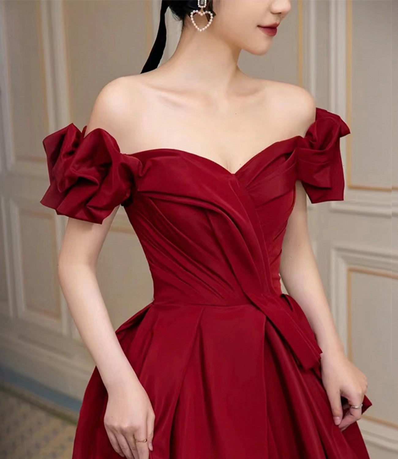 Burgundy satin long prom dress A line evening dress  10450