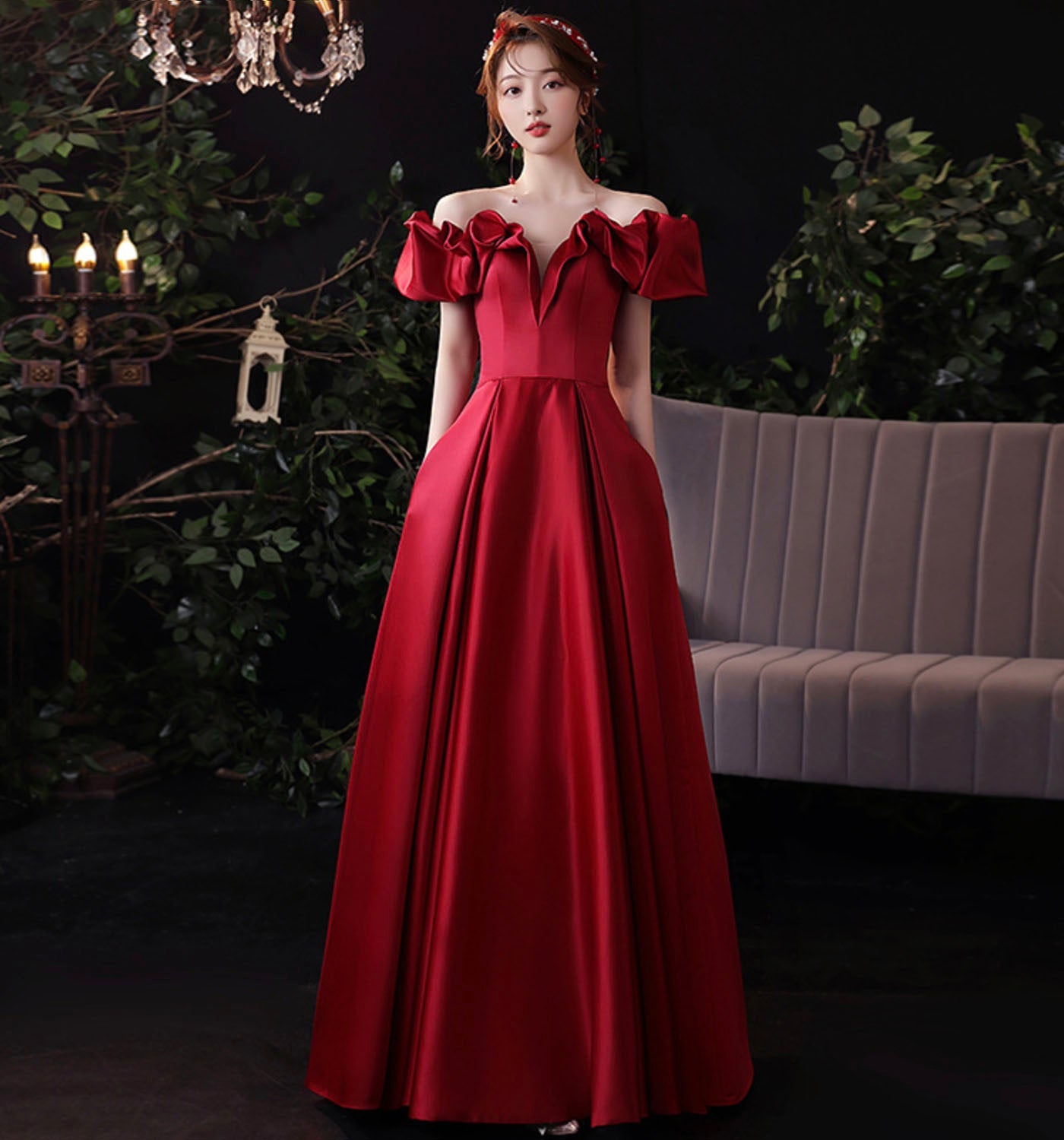Burgundy satin long prom dress evening dress  8971