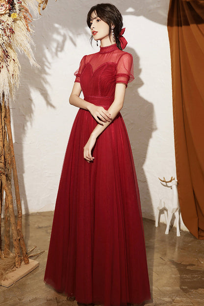 Burgundy tulle long A line prom dress evening dress  8692