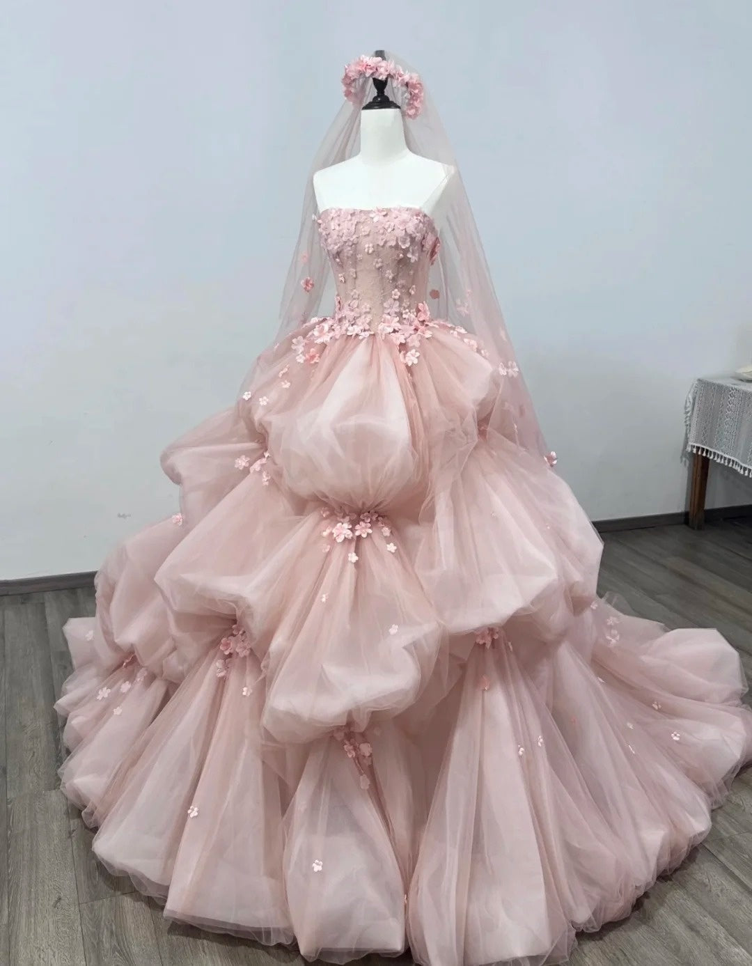 Pink Gorgeous Exquisite Floral Long Tulle Floor Length Ball Gown Evening Gown Party Dress Wedding Dress gh3839