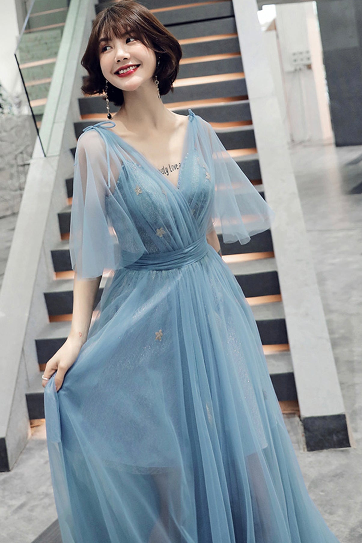 Blue tulle long A line prom dress blue evening dress  8760