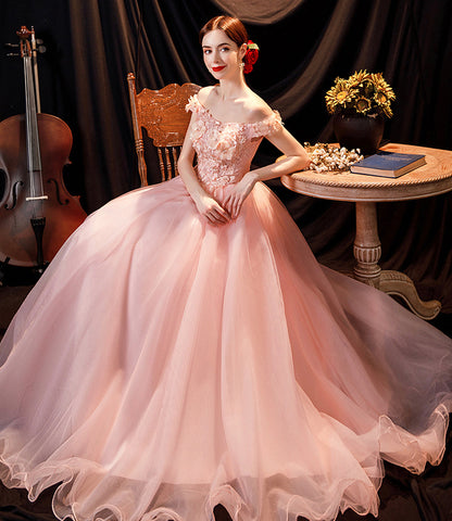 Pink tulle applique long A line prom dress evening dress  8815