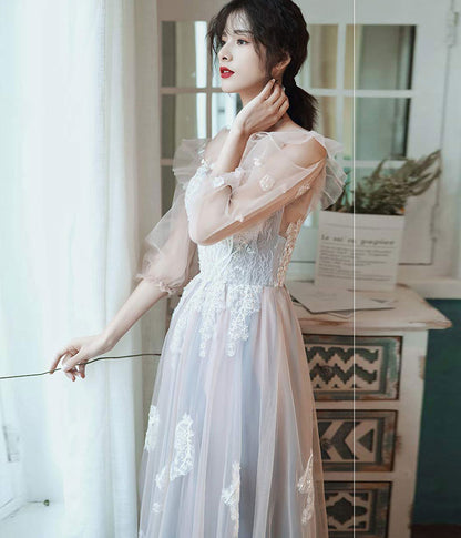 Cute tulle lace long prom dress evening dress  8343