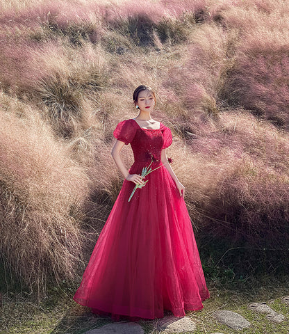 Red tulle beads long prom dress A line evening gown  10303