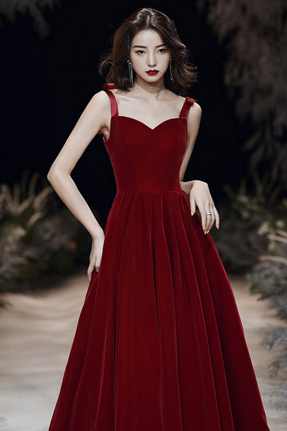 Burgundy velvet long A line prom dress evening dress  8699