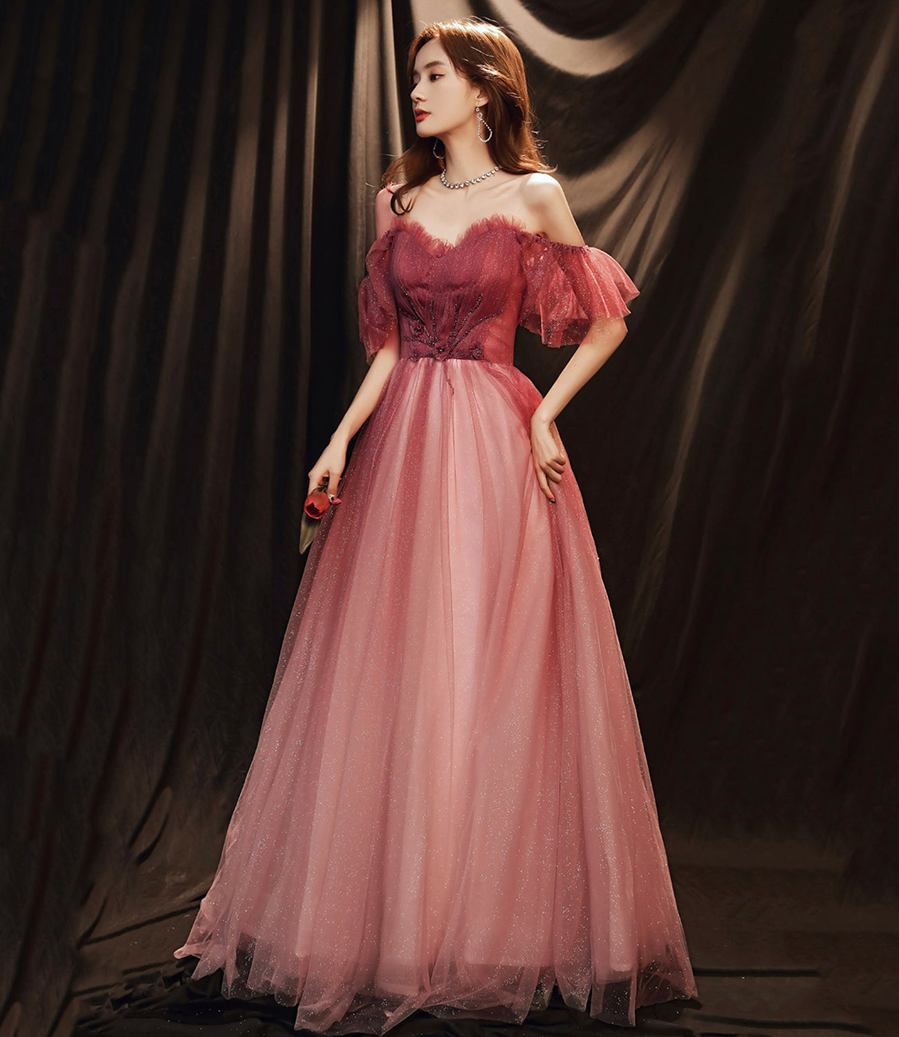 Burgundy tulle long prom dress A line evening gown  10256