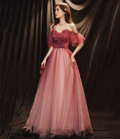 Burgundy tulle long prom dress A line evening gown  10256