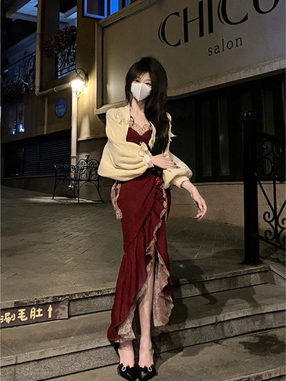 Vintage Mermaid Spaghetti Straps Burgundy Long 18th Birthday Dress Lolita Summer Dress Birthday Outfits W1121