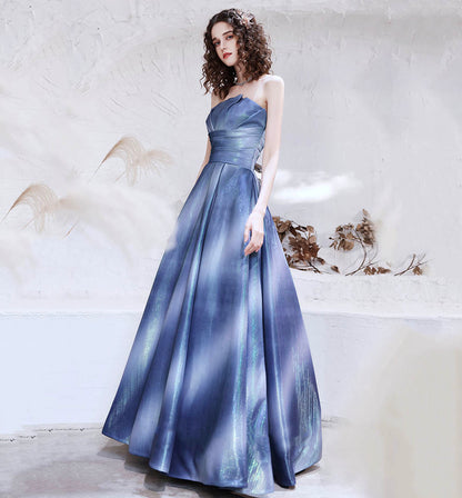 Unique satin long prom dress blue evening dress  8611