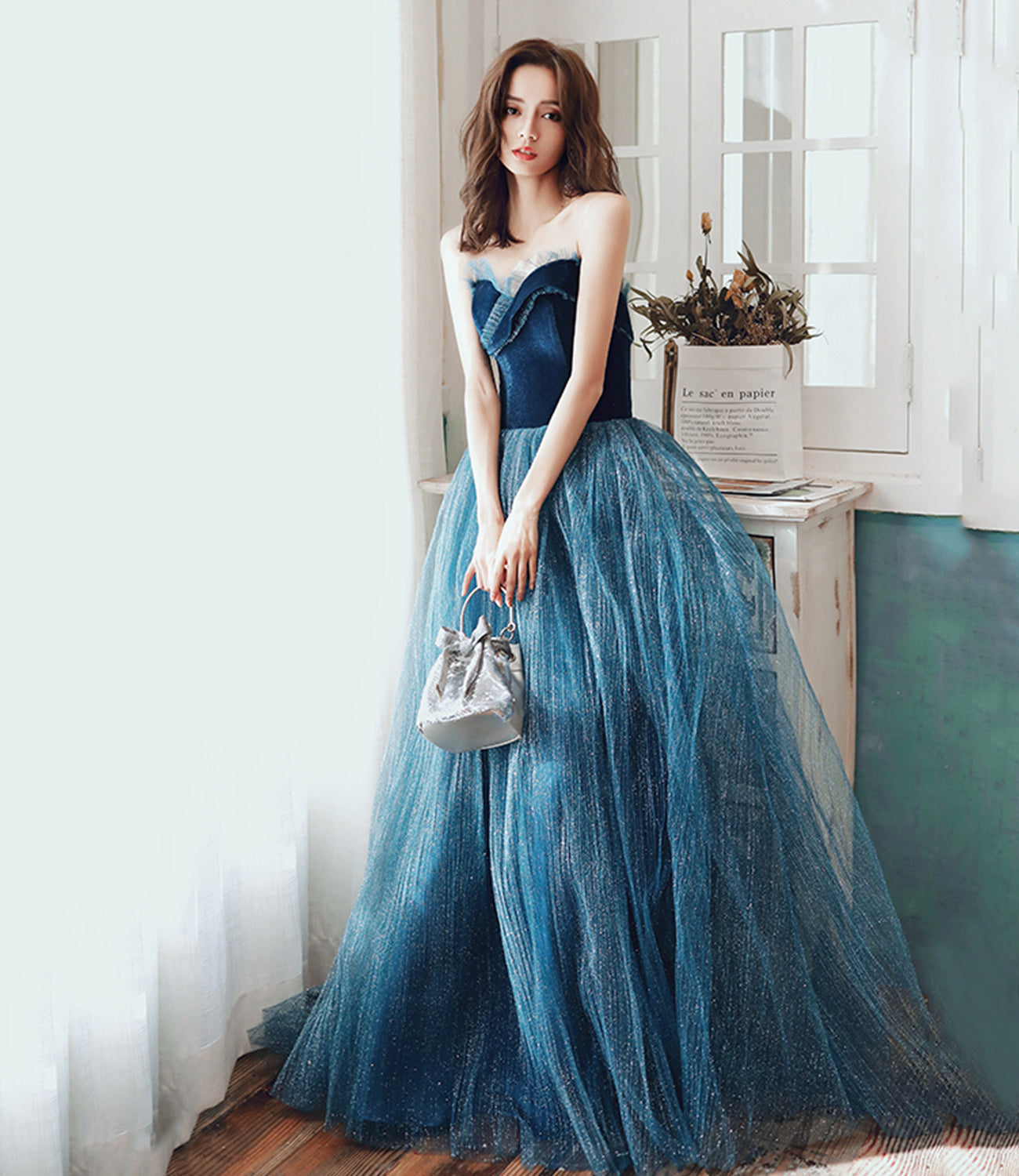 Blue velvet tulle long prom dress A line evening dress  10499