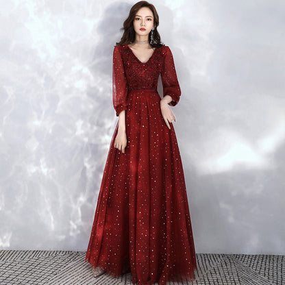 Burgundy lace long sleeve prom dress evening dress  8985