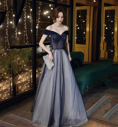 Blue tulle beads long prom dress blue evening dress  8612