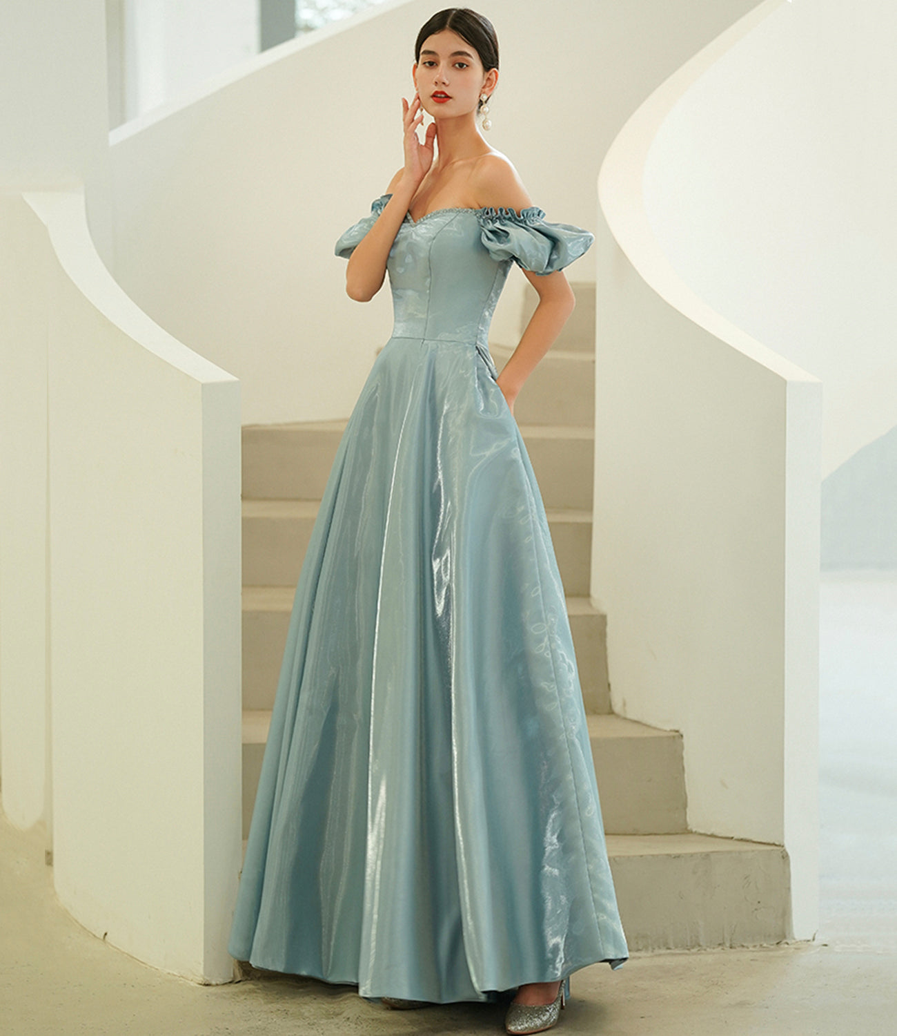 Blue satin long A line prom dress blue evening dress  10215
