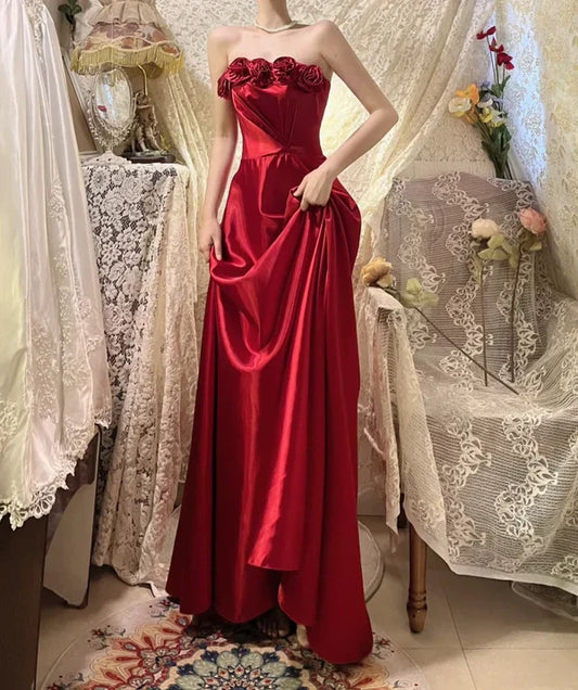 Red delicate floral long elegant satin ball gown evening dress gh4436