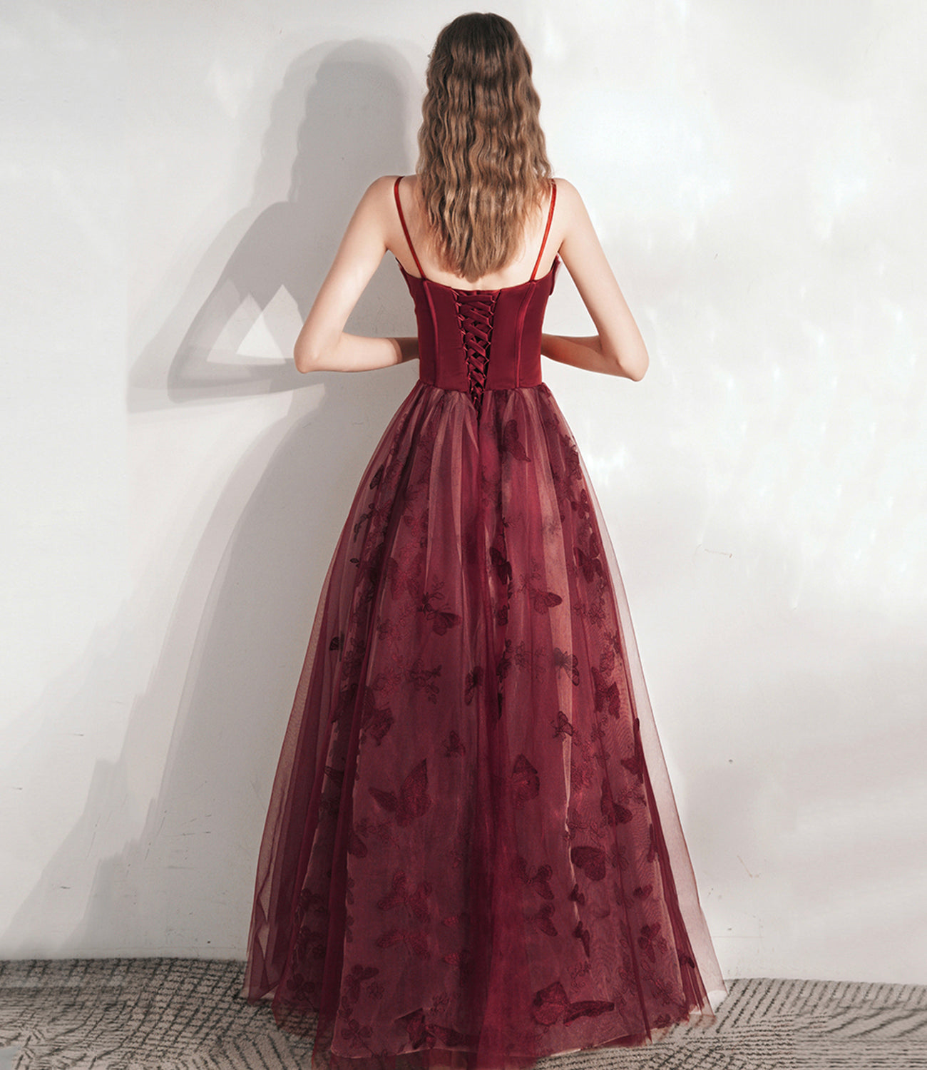 Burgundy tulle long prom dress A line evening gown  10374