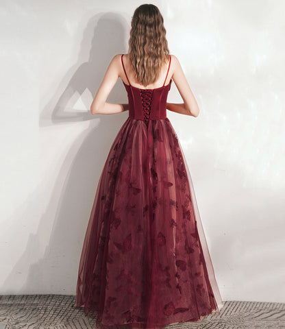 Burgundy tulle long prom dress A line evening gown  10374
