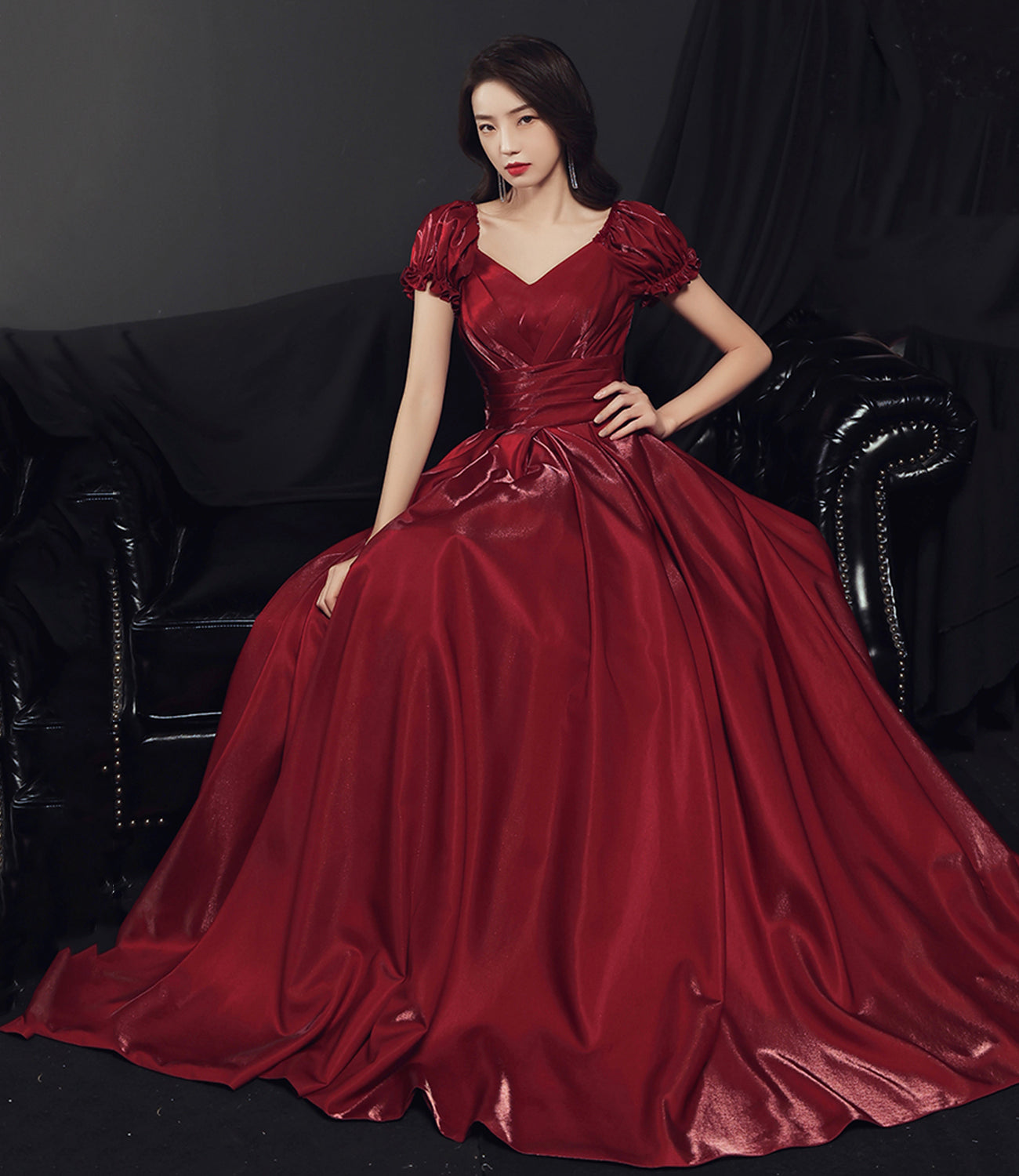 Burgundy satin long prom dress A line evening gown  10502
