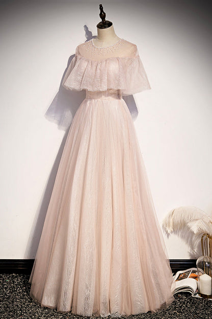 Pink tulle long A line prom dress pink evening dress  8707