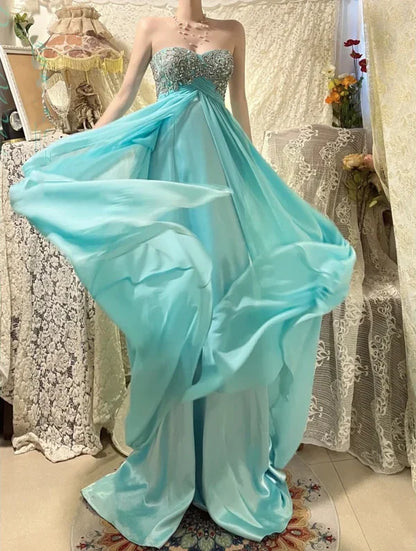 Blue beaded beautiful mermaid long chiffon ball gown evening dress party dress gh4441