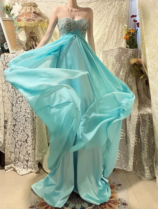 Blue beaded beautiful mermaid long chiffon ball gown evening dress party dress gh4441