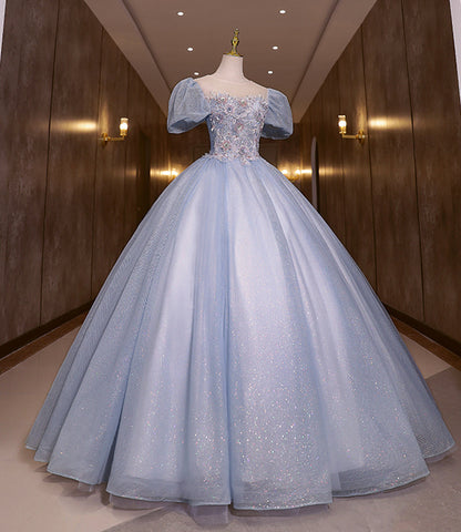 Blue shiny fashion elegant exquisite floral applique tulle lace long prom dress evening dress graduation dress 10259