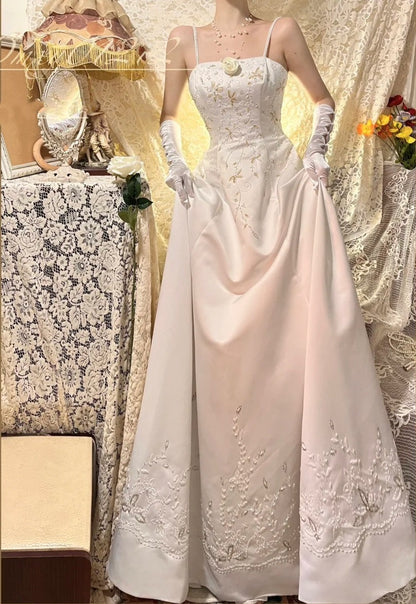 White and yellow exquisite bead decoration long satin ball dress evening dress wedding dress gh4509