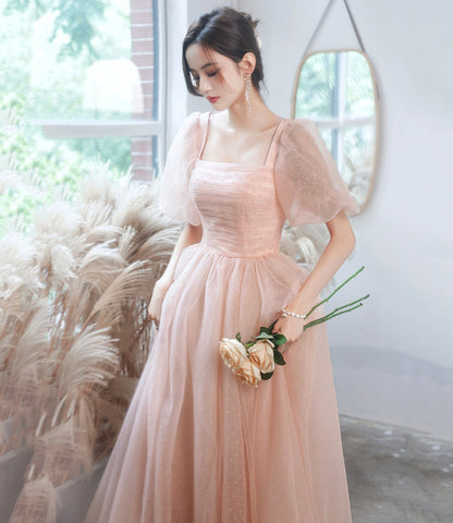 Pink tulle long A line prom dress pink evening gown  8943