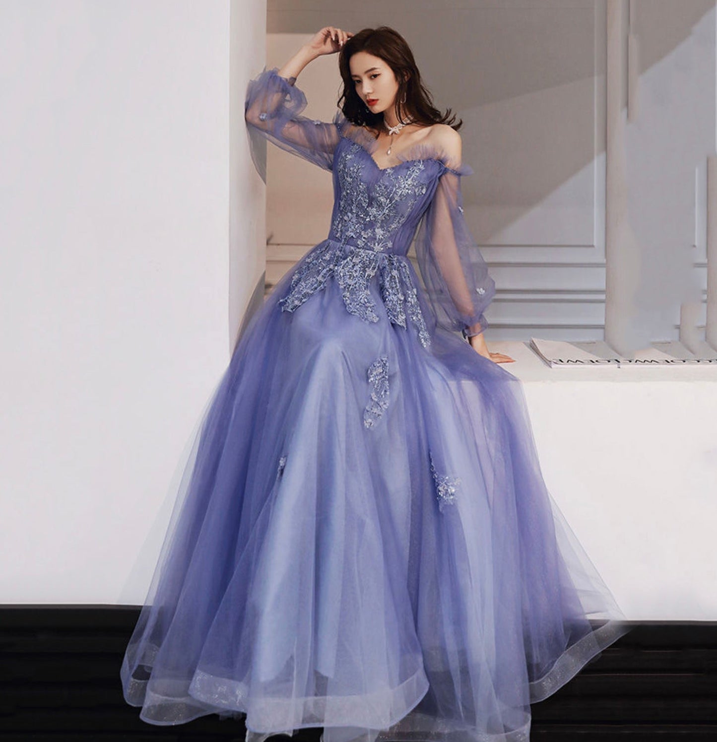 Blue tulle lace long prom dress A line evening gown  10046
