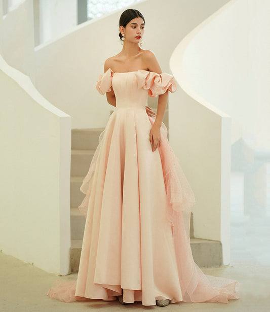 Pink satin tulle long prom dress A line evening dress  10216