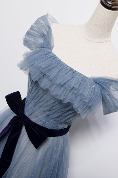 Bule tulle long A line prom dress blue evening dress  8718