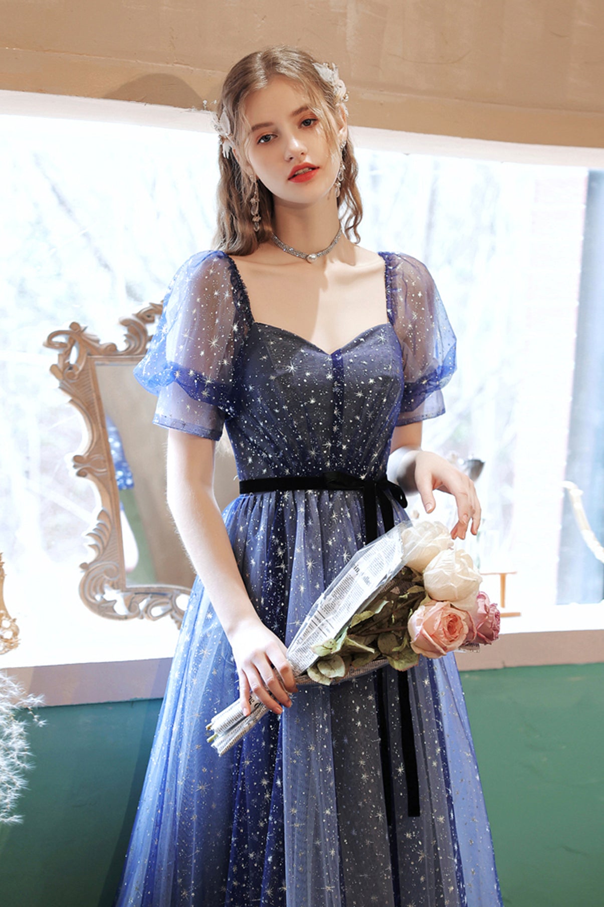 Blue tulle long A line prom dress blue evening dress  8658